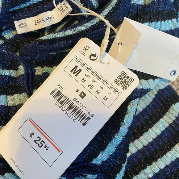 NWT Zara Knit Blue Striped Metallic Short Sleeves Sweater Women Size M Stretch - Picture 3 of 5